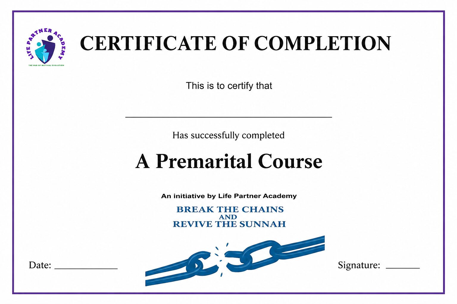 Certificate of Completion — Premarital Course, Life Partner Academy